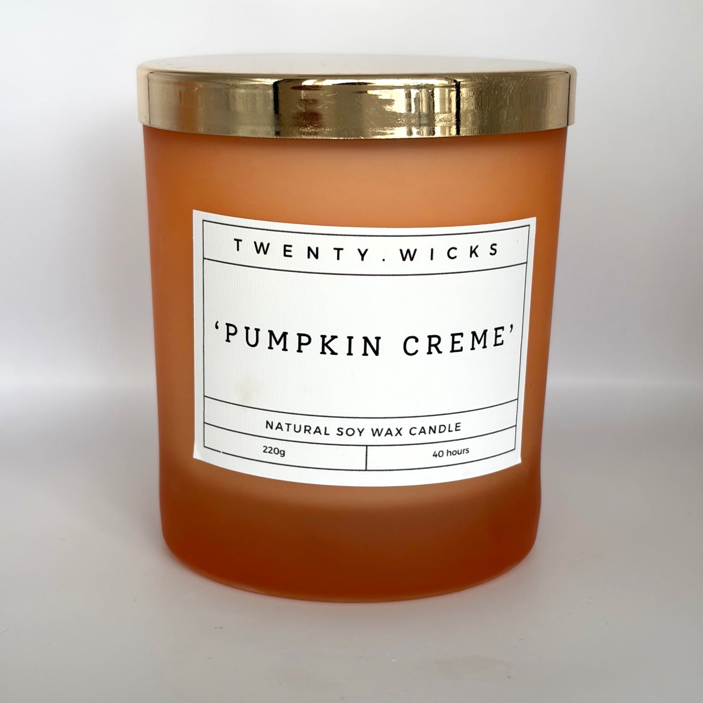 Twenty Wicks Pumpkin Creme soy wax candle in a frosted peach jR WITH GOLD LID
