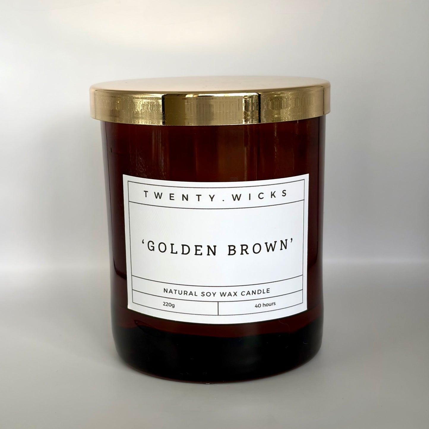 Golden Brown soy wax candle in amber glass with gold lid